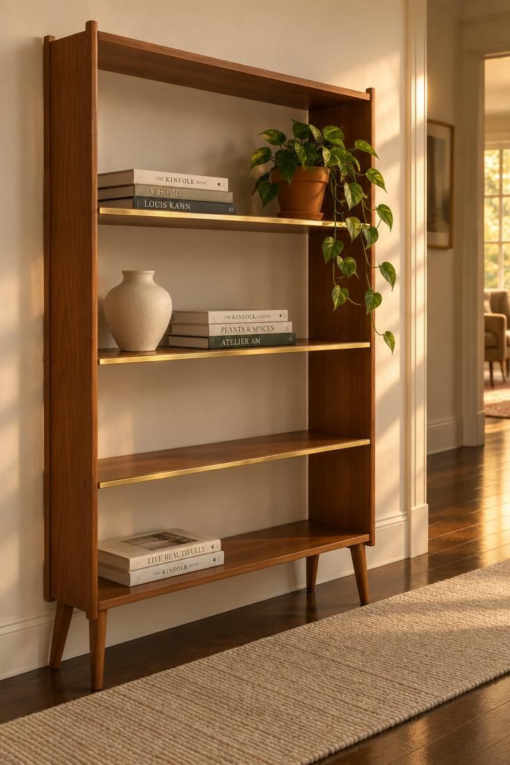 13 Warm Mid Century Modern Hallway Ideas with Wood and Brass 10 Freestanding teak open shelving unit with brass-edged shelves holding stacked books, a ceramic vase, and a trailing plant in a hallway.