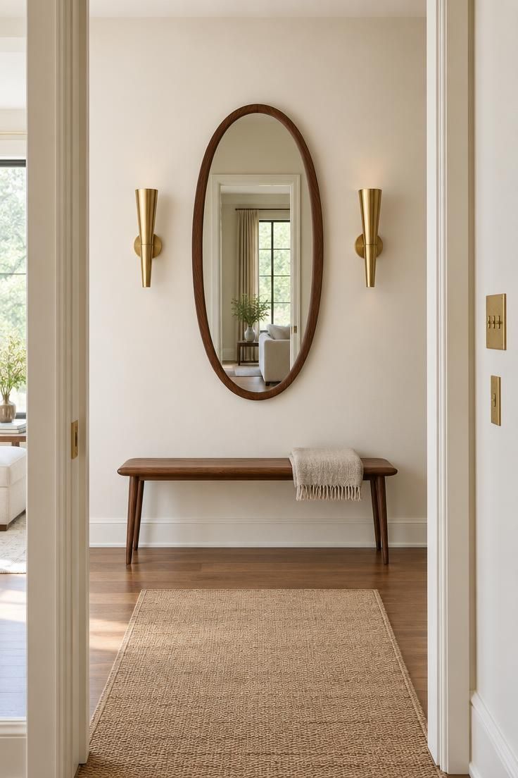 13 Warm Mid Century Modern Hallway Ideas with Wood and Brass 11 Oval walnut mirror flanked by two symmetrical brass sconces on a plain hallway wall with a slim bench below.