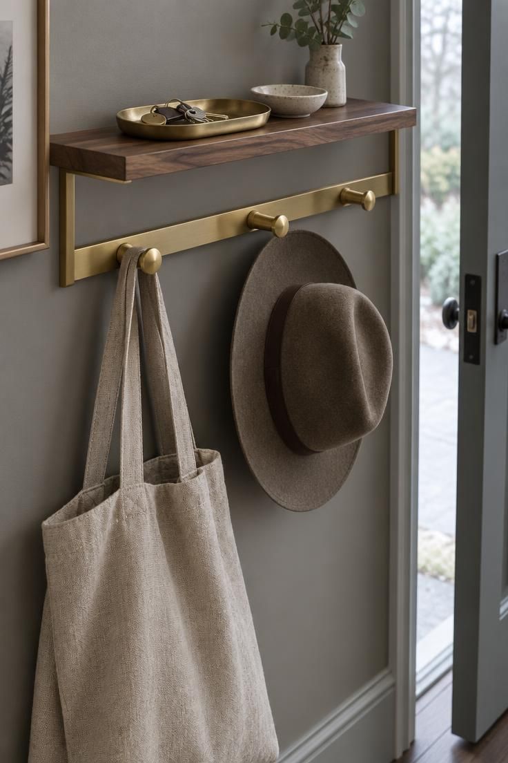 13 Warm Mid Century Modern Hallway Ideas with Wood and Brass 12 Wall-mounted coat rack with a brass frame and walnut shelf above three brass pegs holding a linen tote and a felt hat.