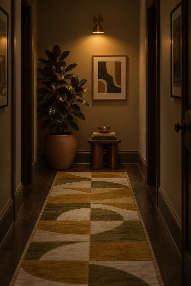 13 Warm Mid Century Modern Hallway Ideas with Wood and Brass 13 End-of-hallway vignette with a large sculptural plant, a low walnut stool with books and a brass bowl, and a framed print under a wall sconce.