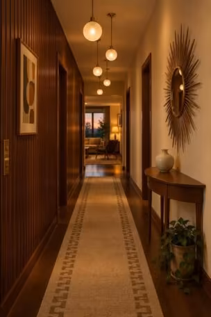 13 Warm Mid Century Modern Hallway Ideas with Wood and Brass 13 Warm mid century modern hallway with a walnut slat wall, staggered globe pendants, a starburst mirror over a teak console, and a geometric wool runner leading down the corridor.