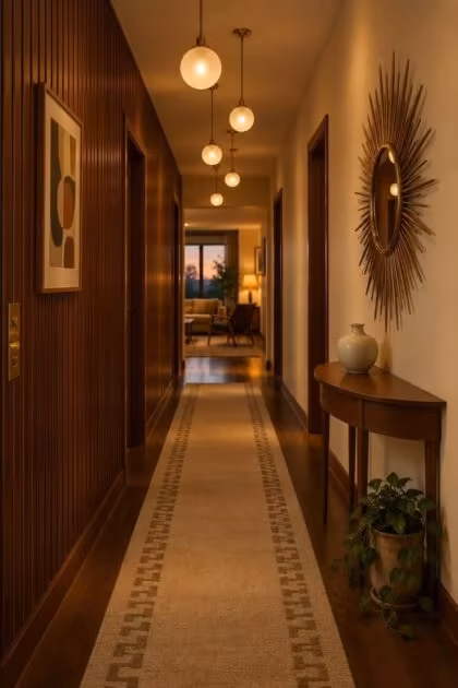 13 Warm Mid Century Modern Hallway Ideas with Wood and Brass Warm mid century modern hallway with a walnut slat wall, staggered globe pendants, a starburst mirror over a teak console, and a geometric wool runner leading down the corridor.