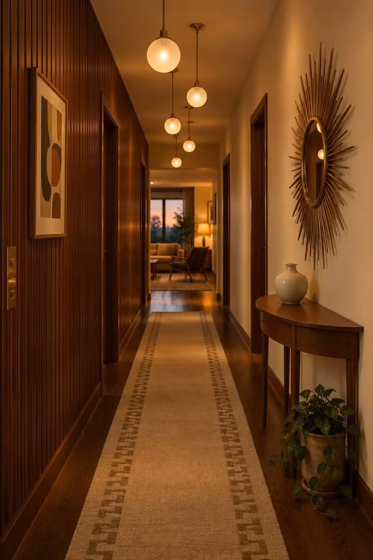 Simple Spaces 18 Warm mid century modern hallway with a walnut slat wall, staggered globe pendants, a starburst mirror over a teak console, and a geometric wool runner leading down the corridor.