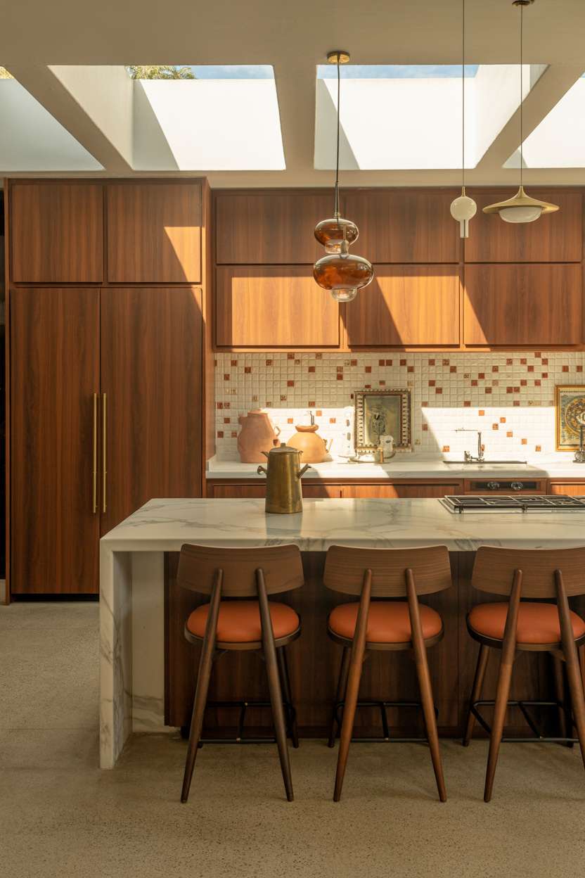 Mid century modern kitchen featuring white marble island and earthy mosaic backsplash