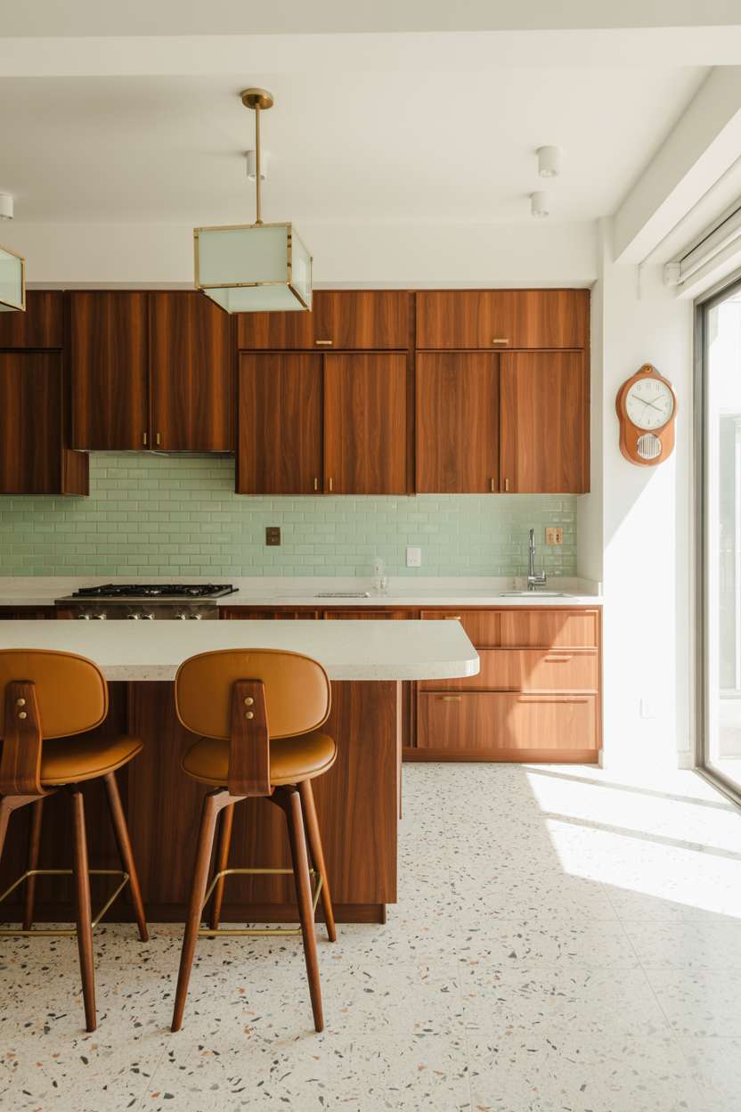 Mid-century modern kitchen with mint subway tile and Eames-style bar stools