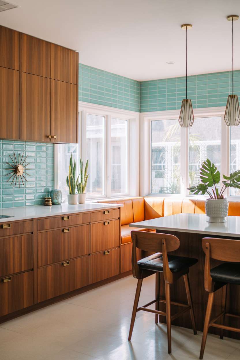 Mid century modern kitchen with turquoise backsplash and orange breakfast nook seating