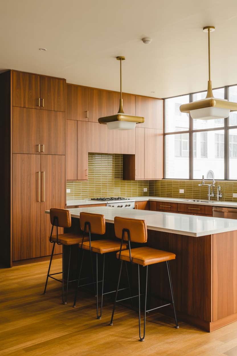 Mid century modern kitchen featuring olive green subway tiles and hairpin leg bar stools