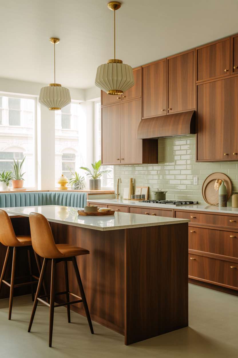 Mid century modern kitchen with sage tile and turquoise built-in seating