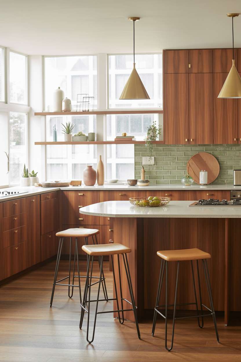 Mid century modern kitchen with curved breakfast bar and sage green subway tiles