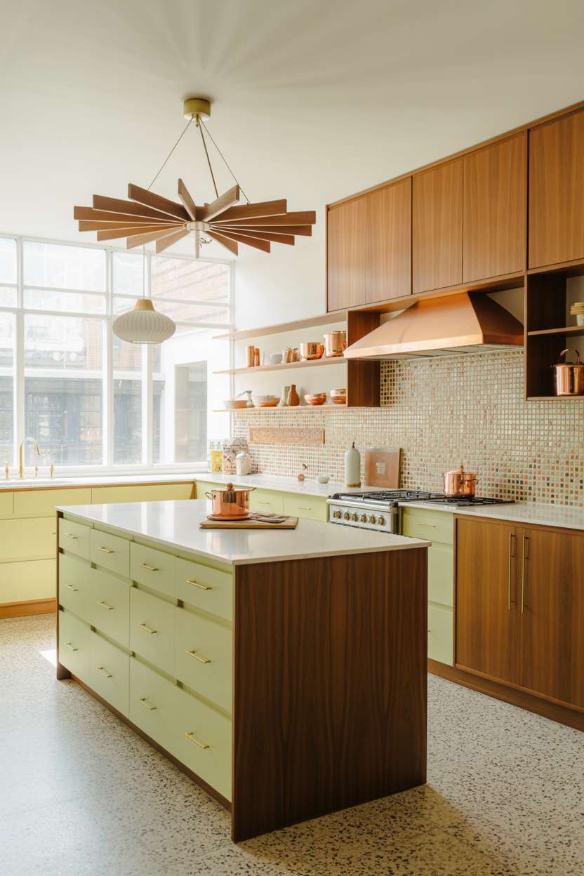 Mid century modern kitchen with mint green lower cabinets and mosaic backsplash