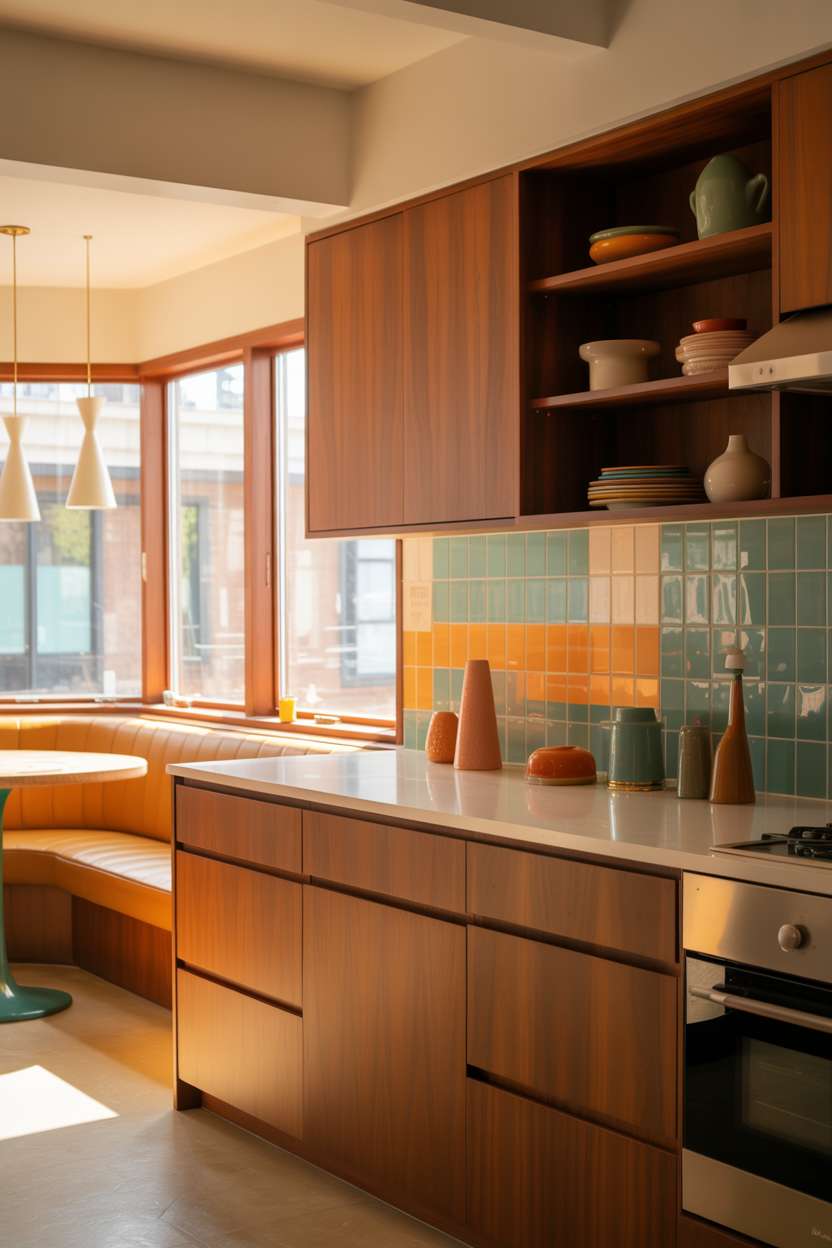Mid century modern kitchen with turquoise and orange geometric backsplash