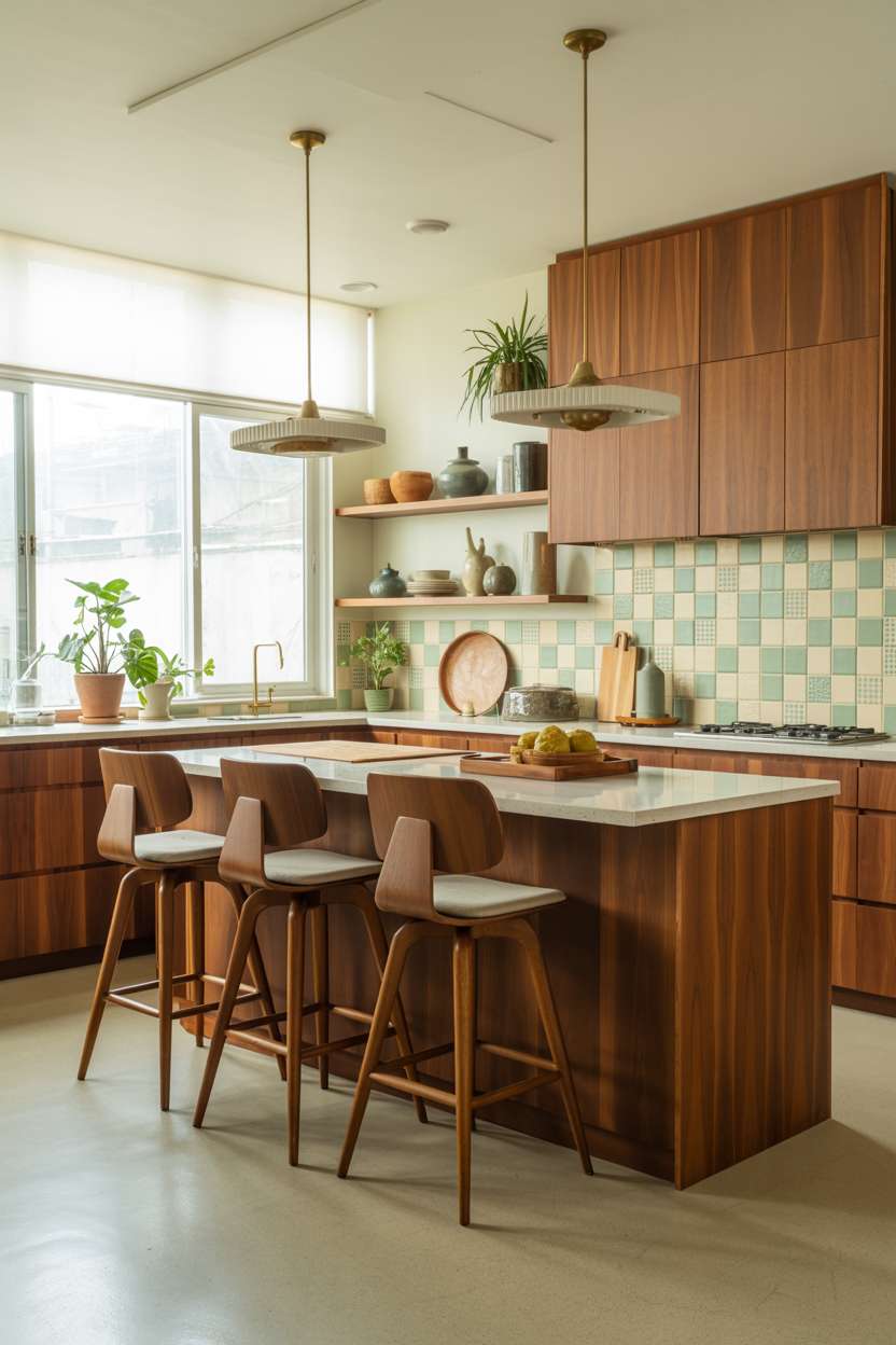 Mid century modern kitchen with mint geometric backsplash and Eames-style stools