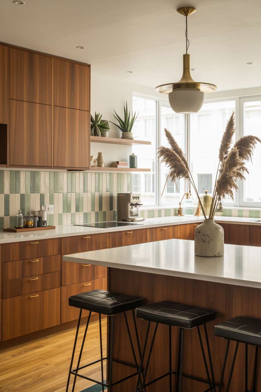 Mid century modern kitchen with sage geometric backsplash and brass pendant light