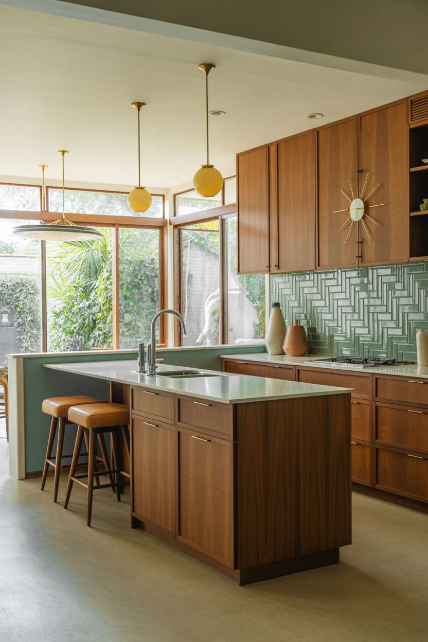Mid century modern kitchen with sage herringbone backsplash and teal breakfast nook