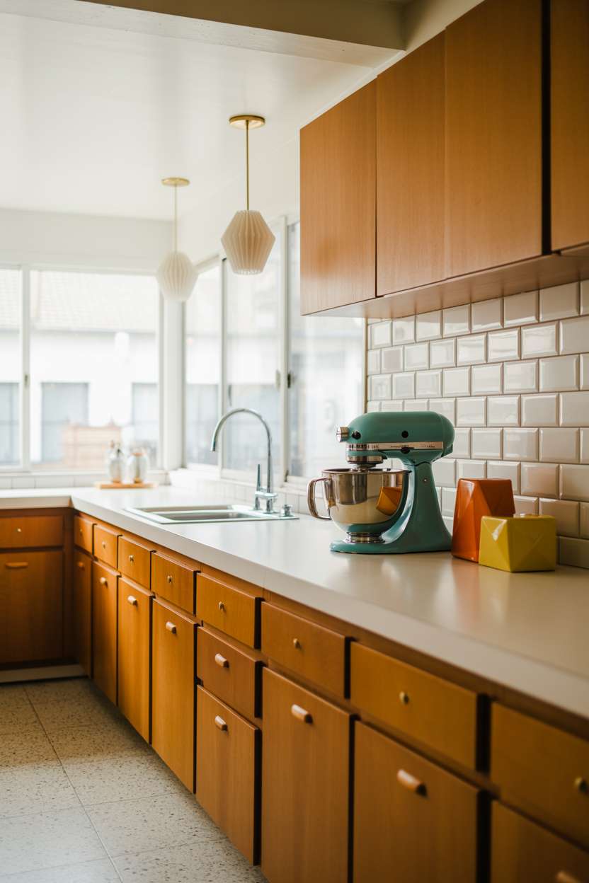 Mid century modern kitchen with vintage turquoise mixer and atomic-inspired lighting