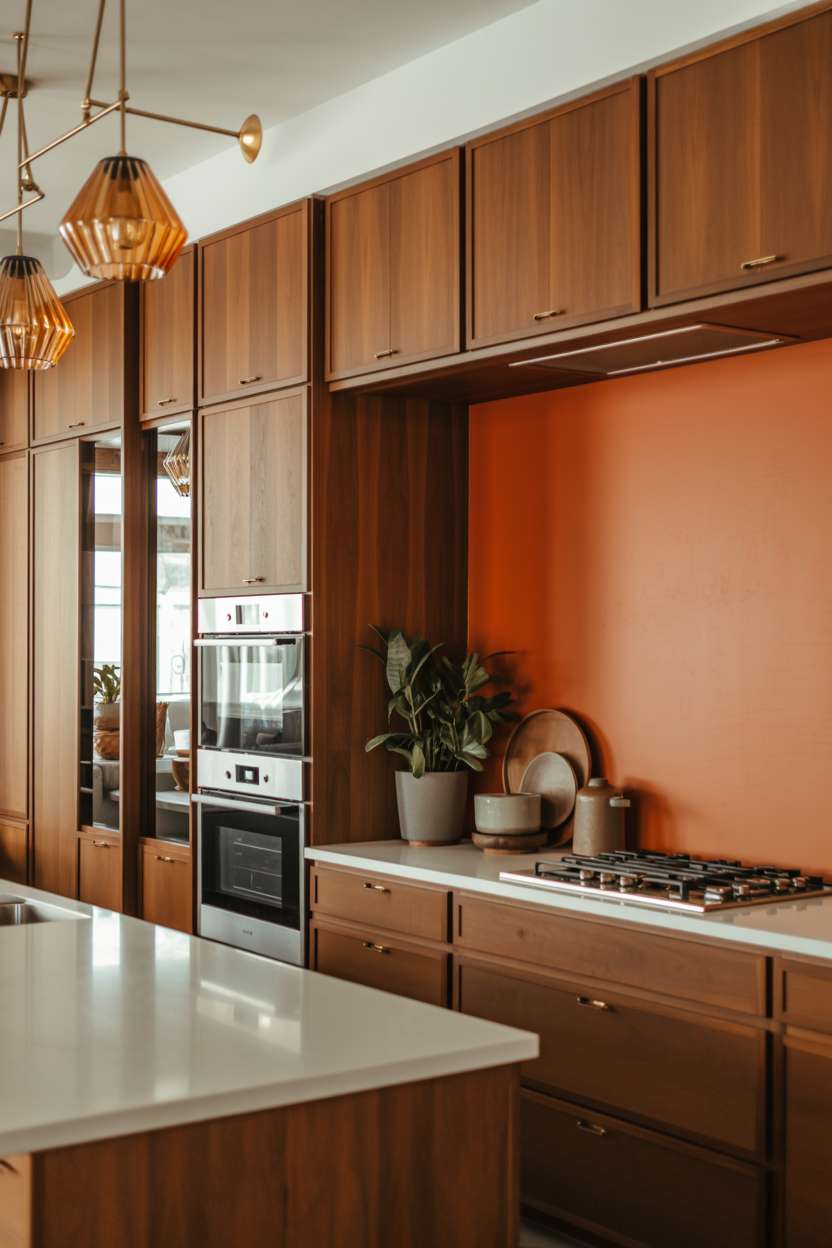 Mid century modern kitchen featuring vibrant orange accent wall and matte black appliances