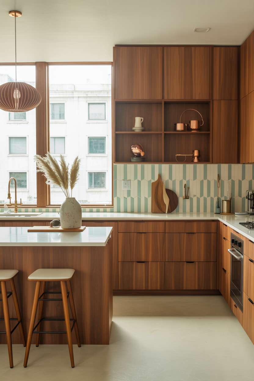 Mid century modern kitchen with turquoise geometric tiles and copper lighting