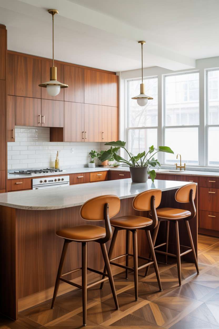 Mid century modern kitchen with orange Eames bar stools and herringbone tile pattern