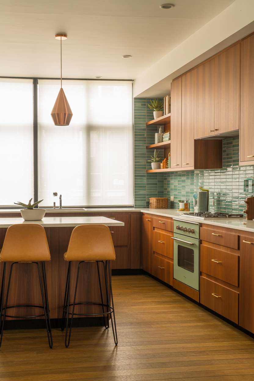 Mid century modern kitchen with turquoise backsplash and avocado green appliances