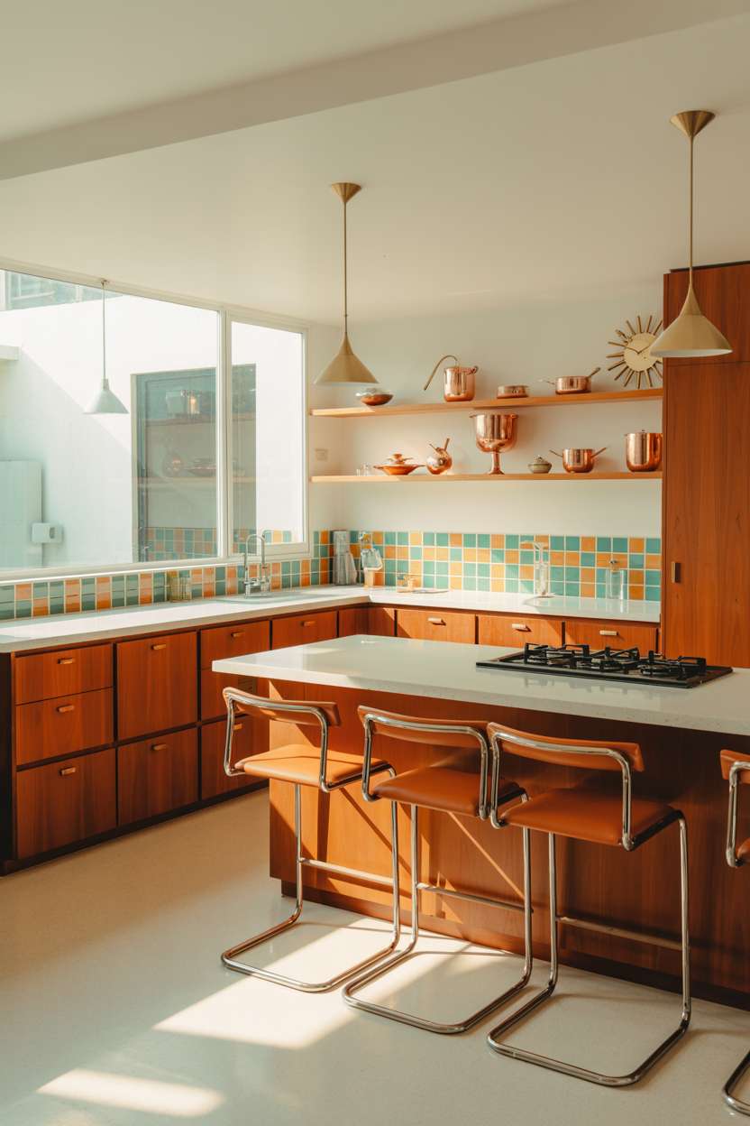 Mid century modern kitchen with turquoise and orange geometric tile backsplash