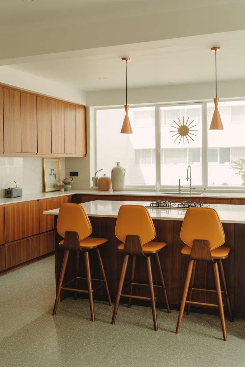 Mid century modern kitchen with orange Eames stools and copper pendant lights