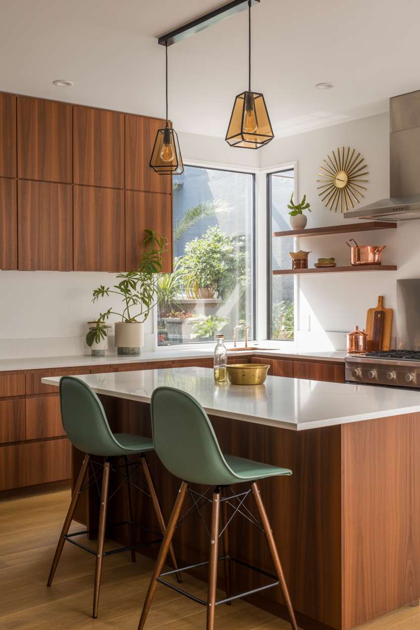 Mid century modern kitchen with teal Eames bar stools and amber pendant lights