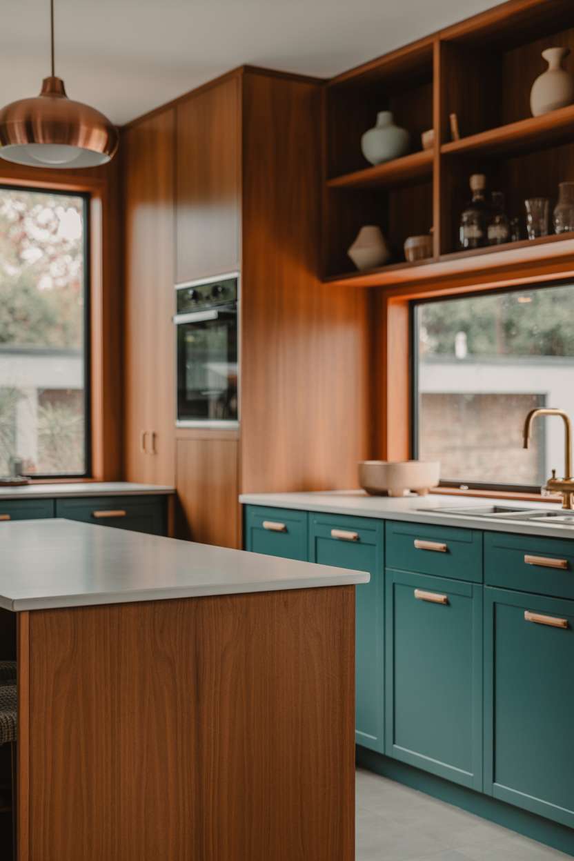 Mid century modern kitchen with teal blue lower cabinets and floating upper shelves