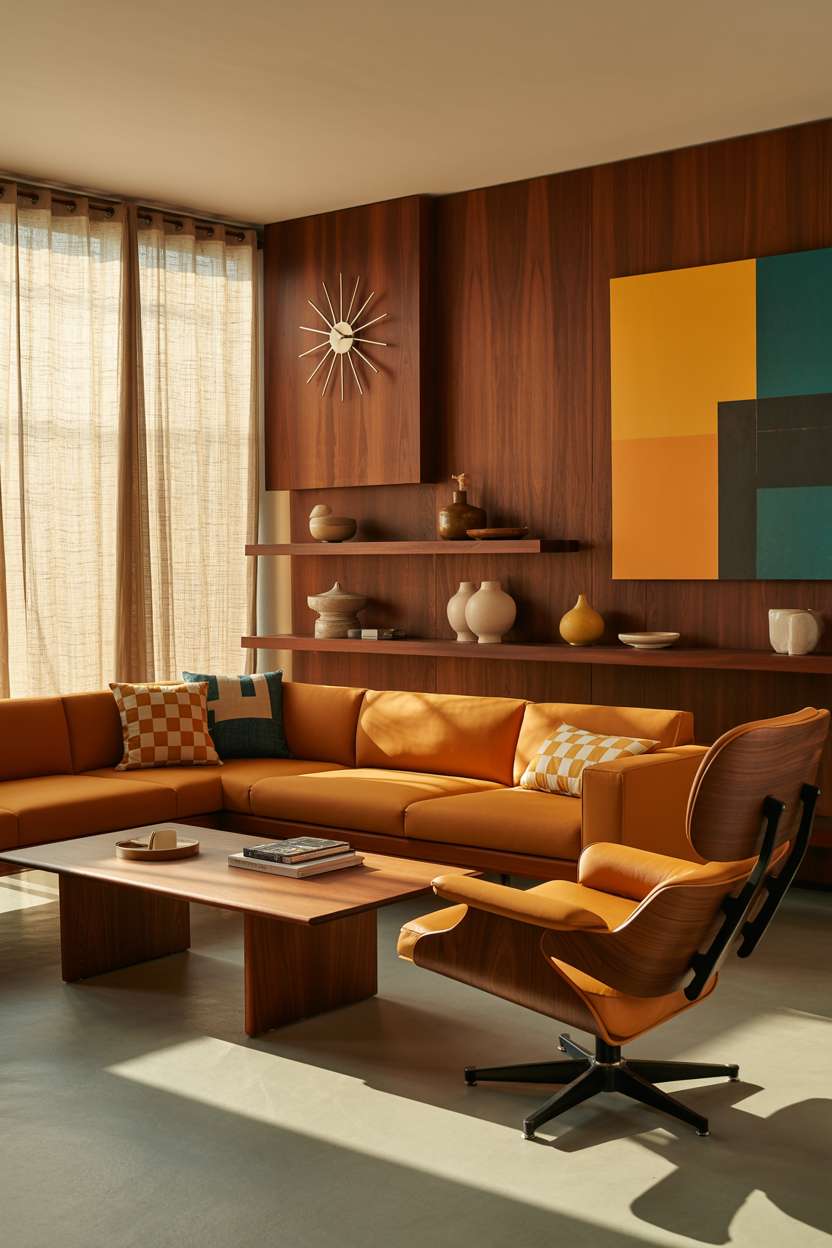 22 Cozy Mid-Century Modern Living Room Decor Ideas to Try 1 Mid-century modern living room with burnt orange velvet sectional, Eames lounge chair, and walnut furniture