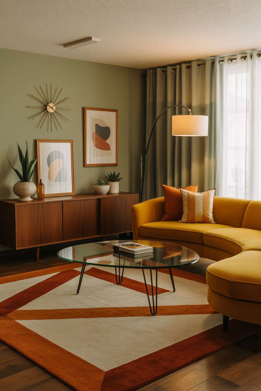 Warm mid-century living room featuring curved mustard yellow sectional and walnut credenza