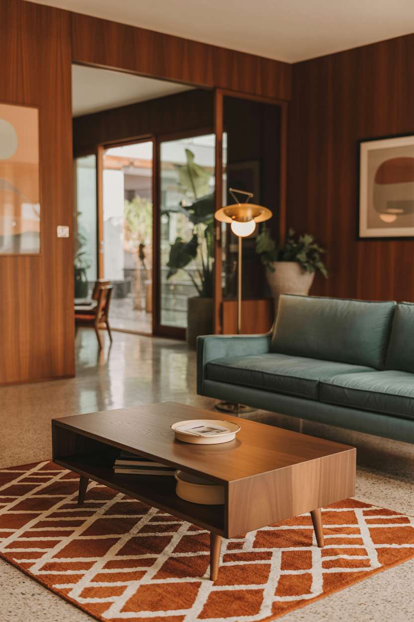 Mid-century living room with teal velvet sofa, walnut coffee table, and floor-to-ceiling windows