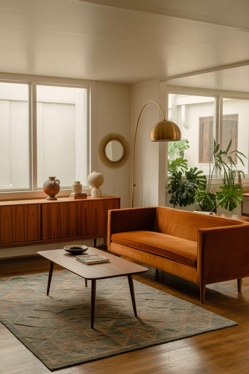 Cozy mid-century living room with burnt orange sofa, teak sideboard, and sunburst mirror