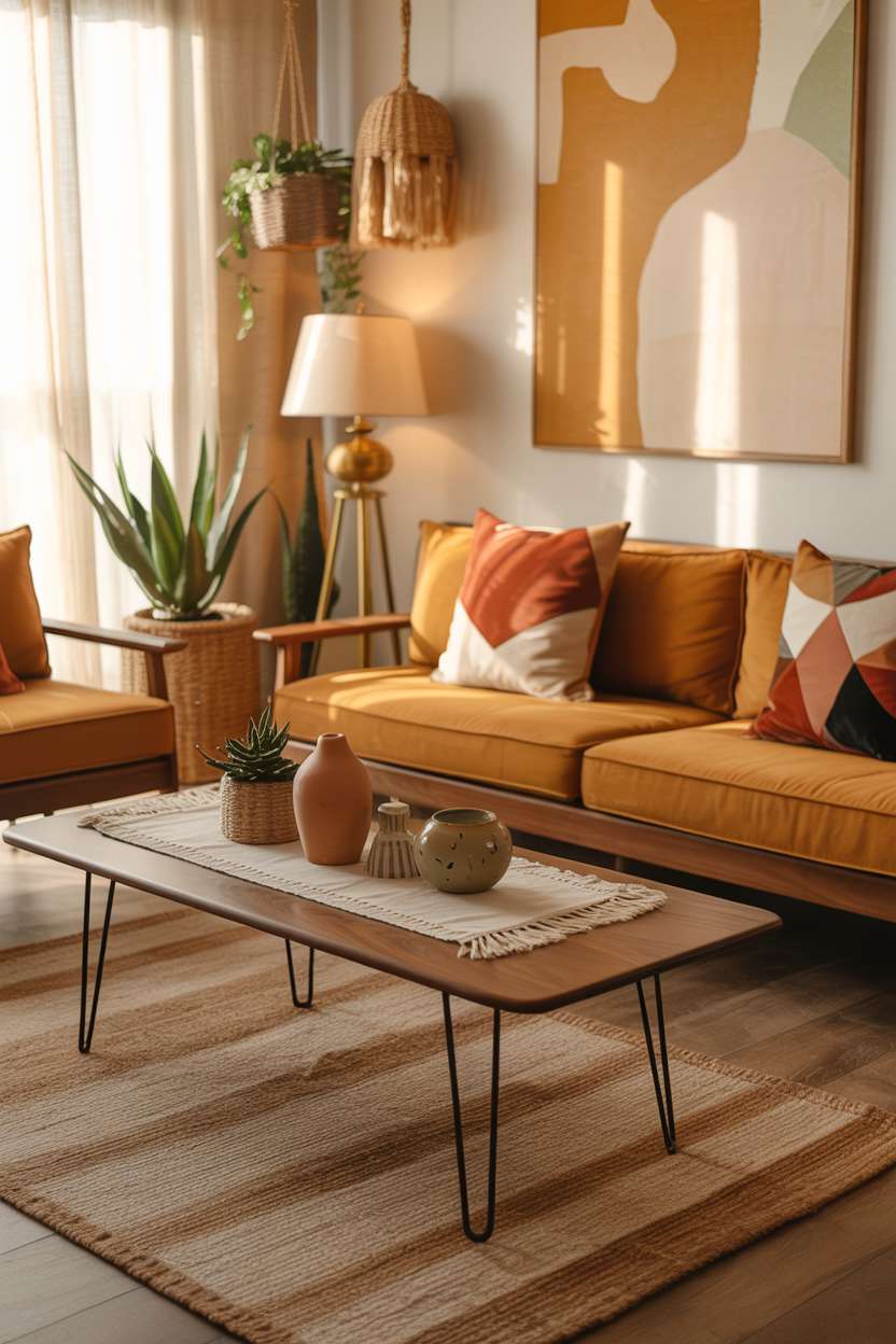 Boho mid-century living room with teak sofa, macramé details, and hanging plants