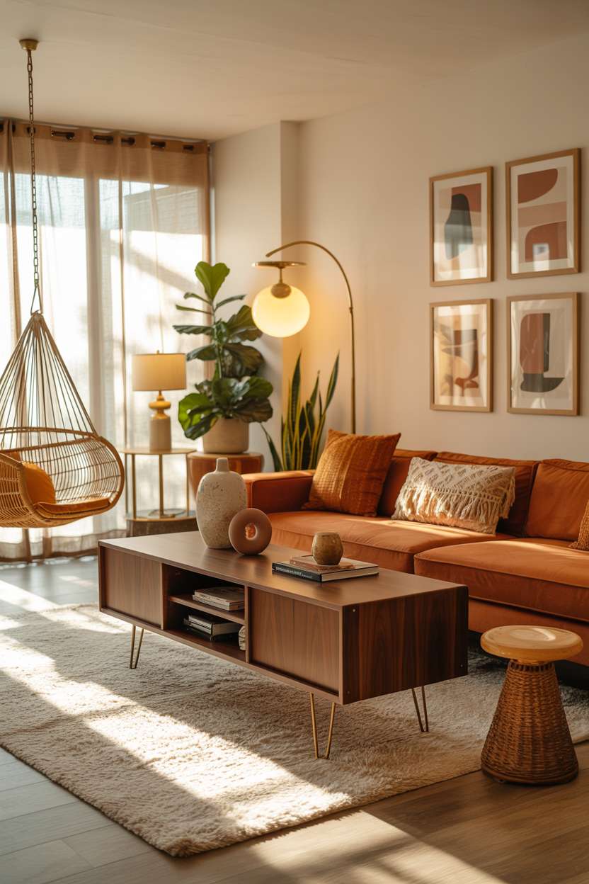 Boho mid-century living room featuring suspended rattan chair and burnt orange sectional