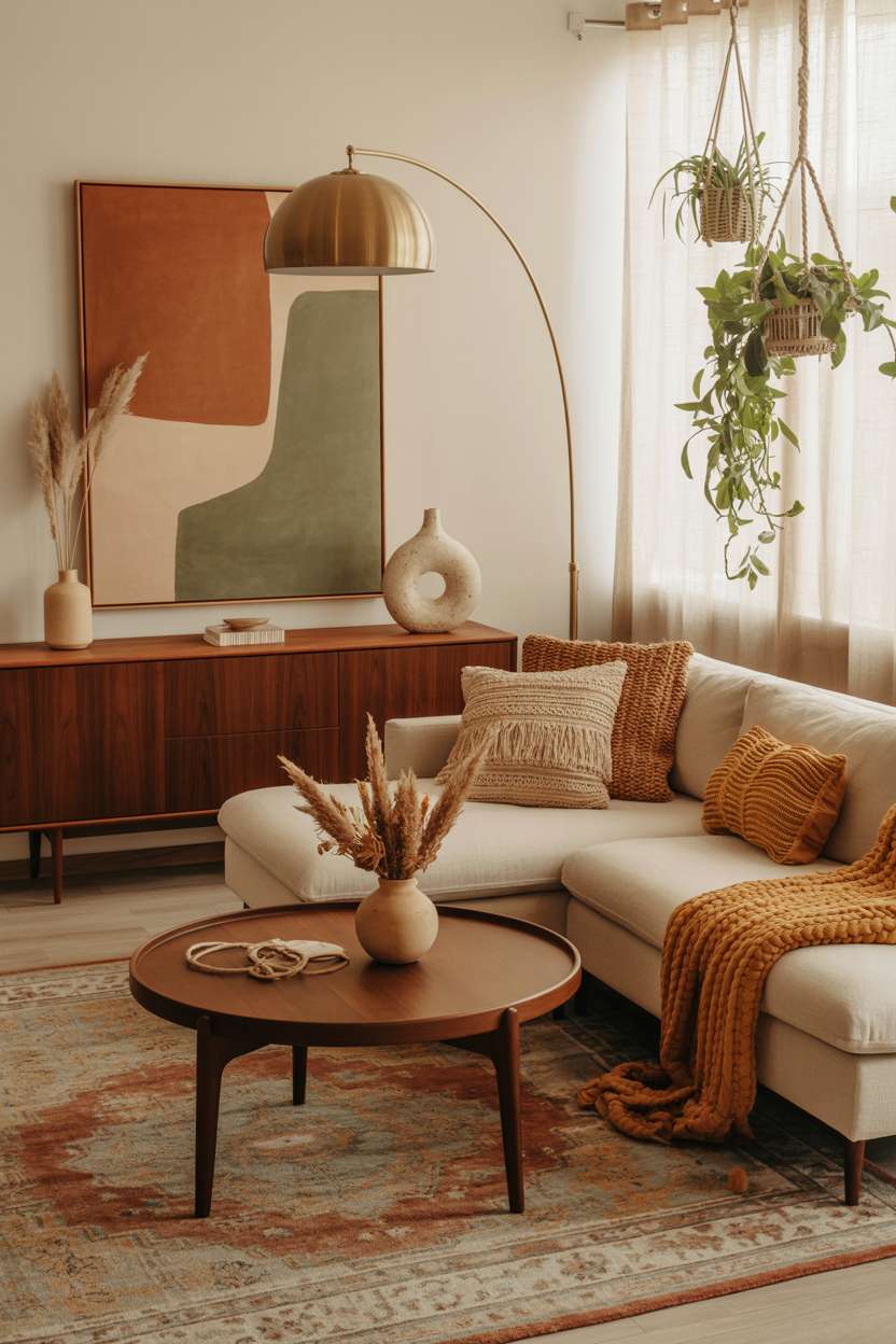 Boho mid-century living room with cream sectional, macramé pillows, and Persian rug