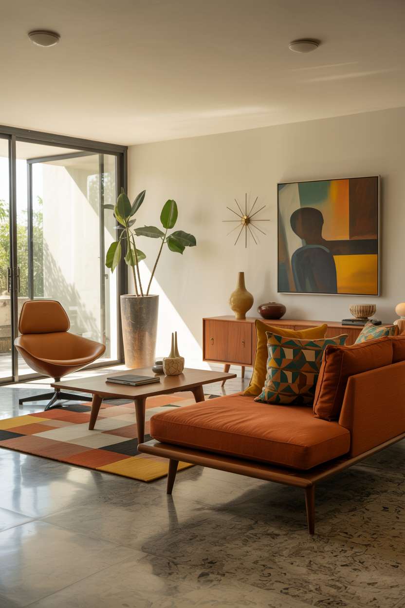 Mid-century modern living room with Eames lounge chair, burnt orange sectional, and terrazzo flooring