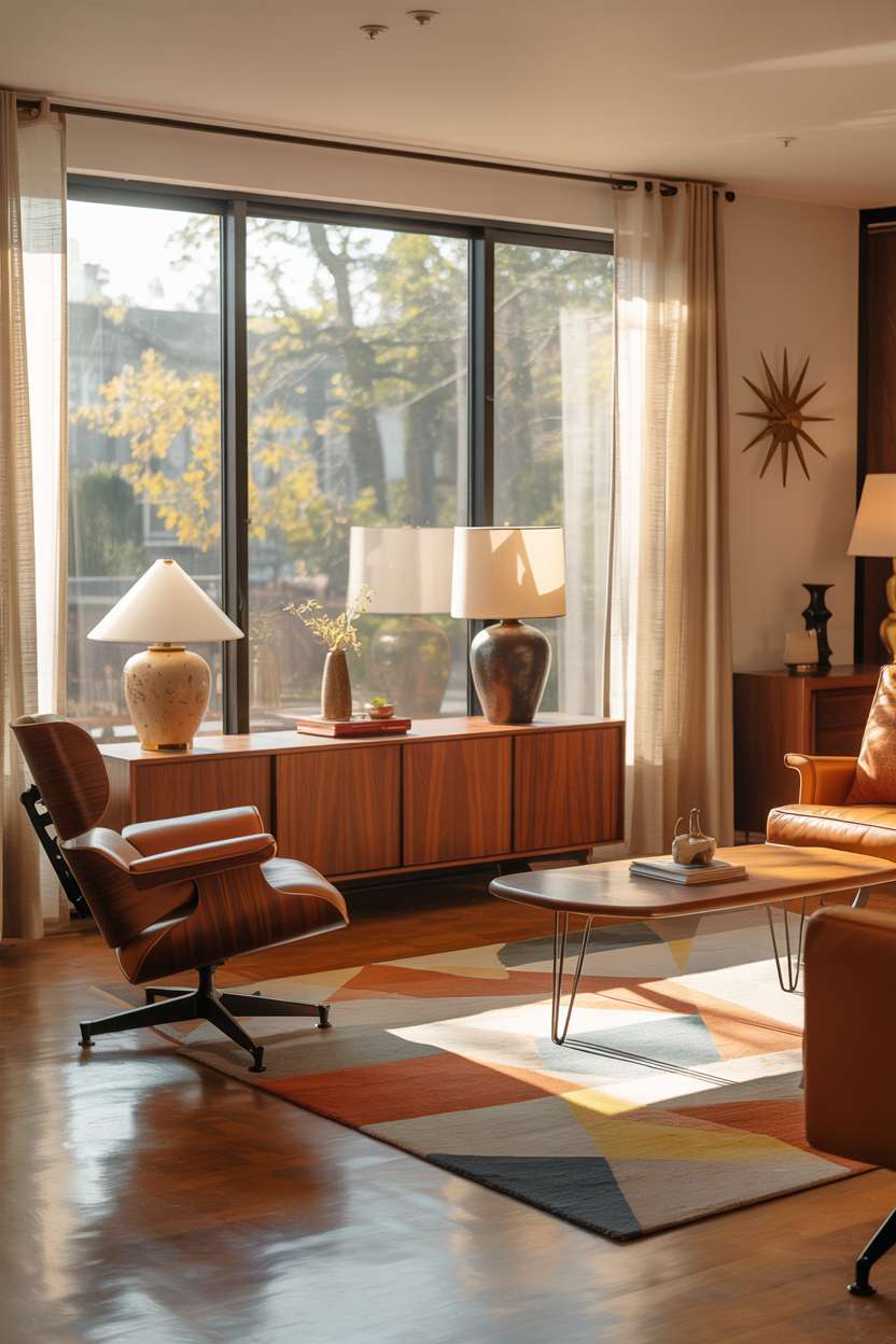 Mid-century modern living room with Eames chair, walnut credenza, and natural afternoon lighting