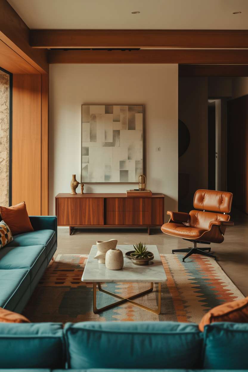 Stylish mid-century living room featuring turquoise velvet sofa and marble-topped coffee table