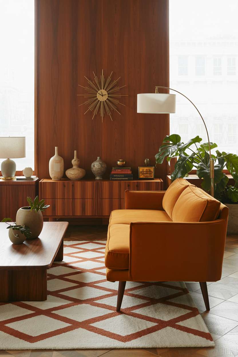 Mid-century living room with brass sunburst clock, burnt orange sofa, and arc floor lamp