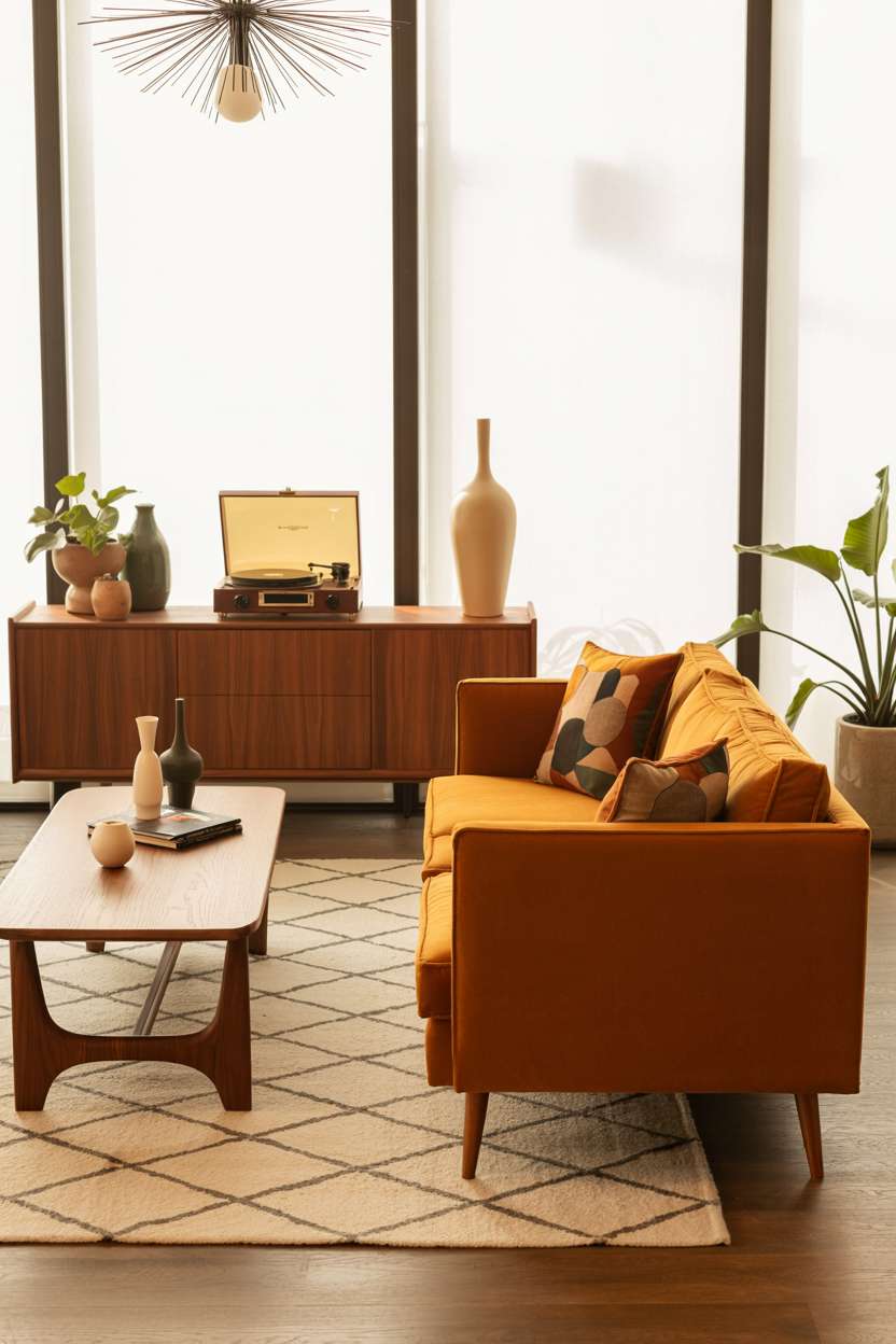 Mid-century living room with floor-to-ceiling black-framed windows and starburst chandelier