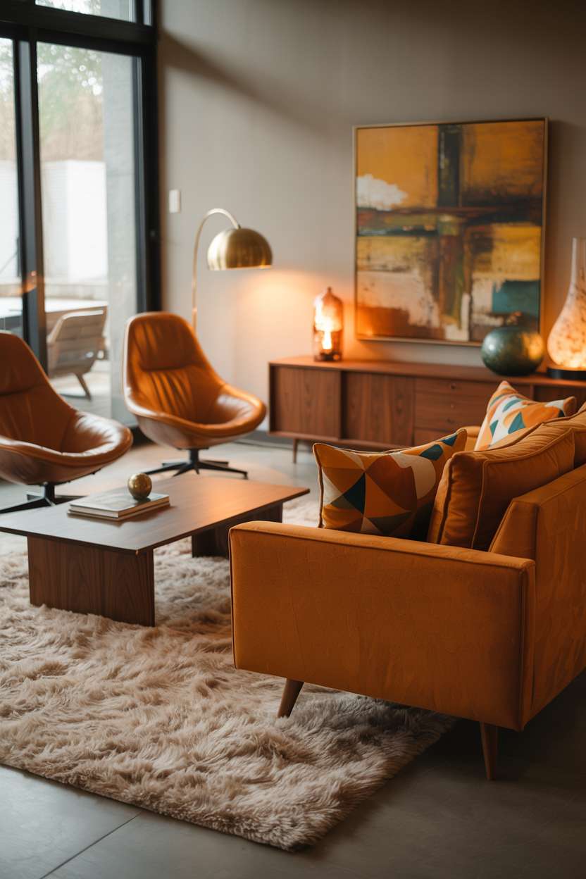 Mid-century living room featuring pair of Eames lounge chairs and brass arc lamp