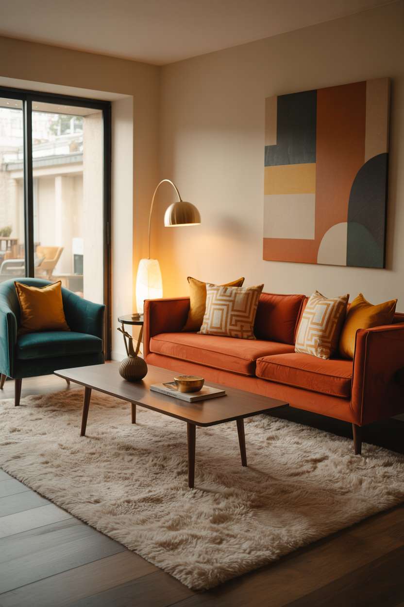 Mid-century living room with burnt orange sofa, teal armchair, and brass arc lamp