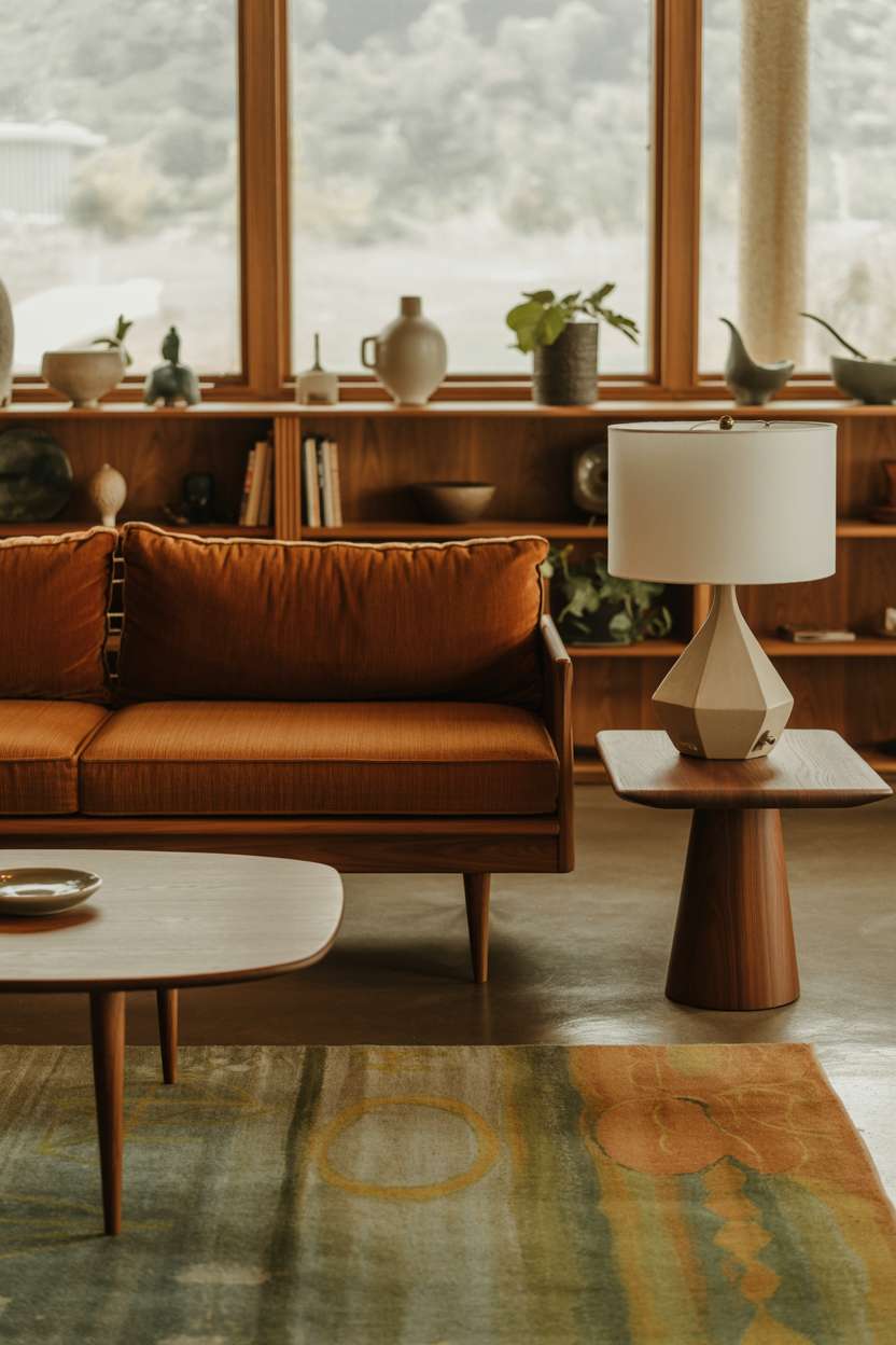 Cozy mid-century living room with built-in bookshelf and burnt orange velvet sofa