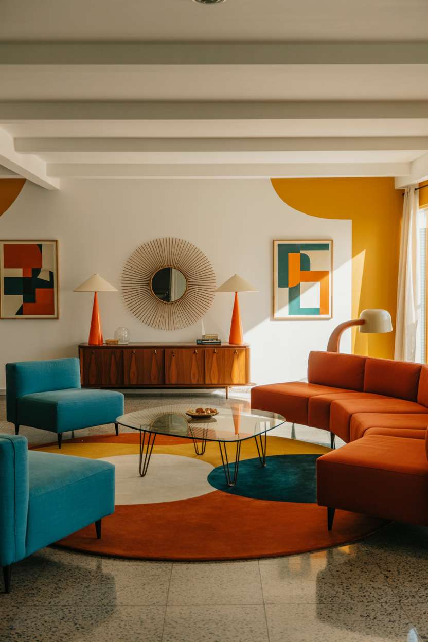 Vibrant mid-century living room with teal, orange, and mustard yellow color scheme