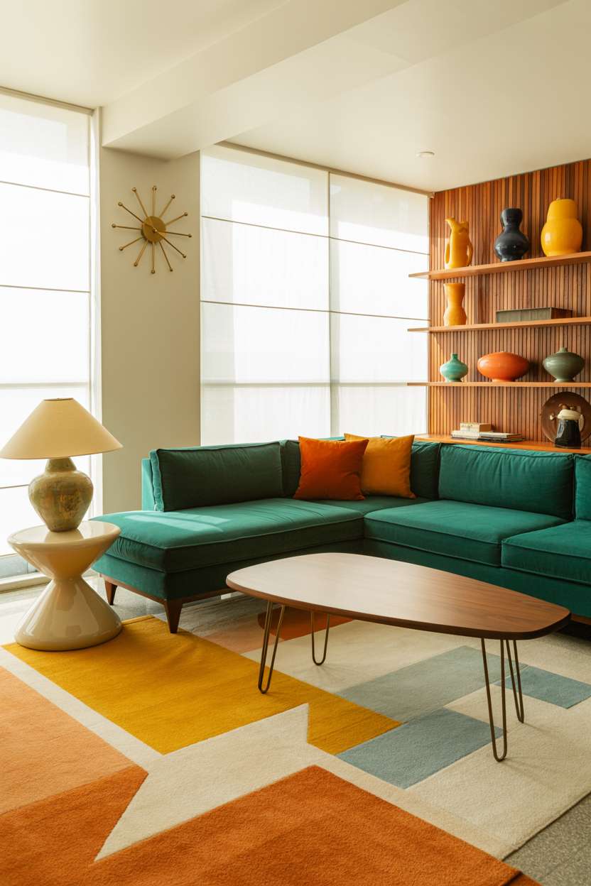 Mid-century living room featuring rich teal velvet sectional and wood-paneled accent wall