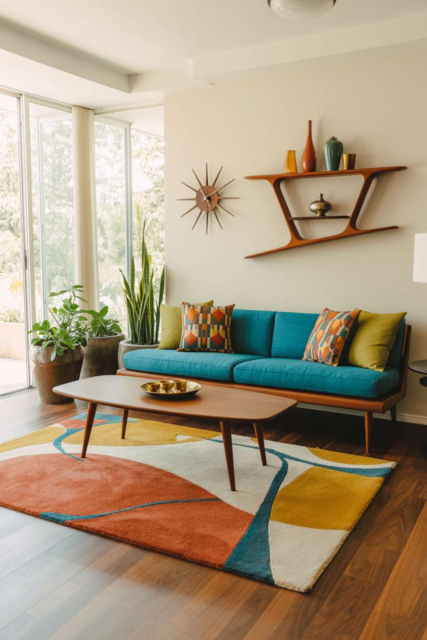 Vibrant mid-century living room with turquoise sofa and atomic-patterned area rug