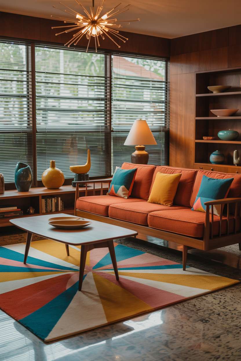 Mid-century living room with burnt orange sofa, atomic-patterned rug, and starburst chandelier
