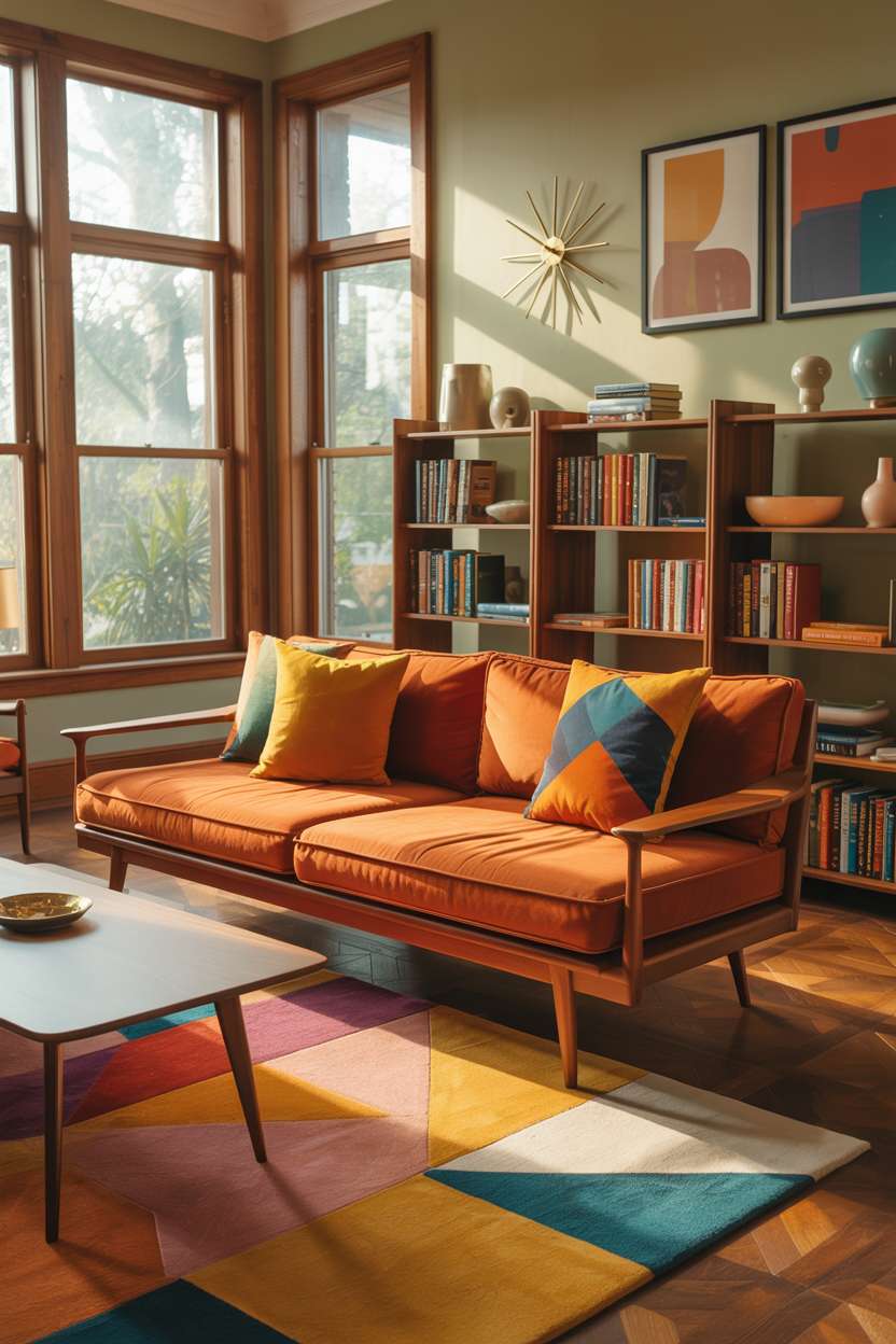 Warm mid-century living room with sage green walls and floor-to-ceiling bookshelf