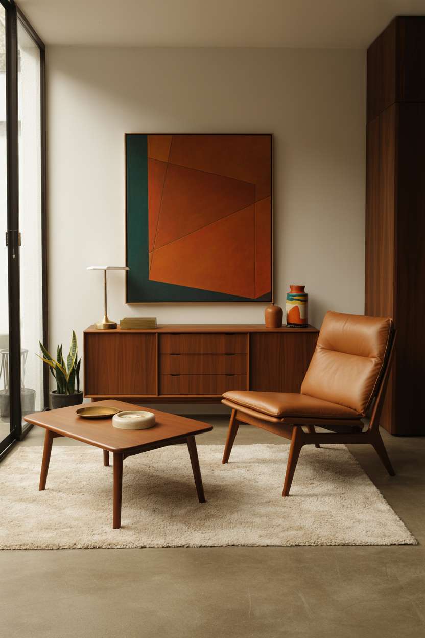 Compact mid-century living room with camel leather lounge chair and abstract geometric painting