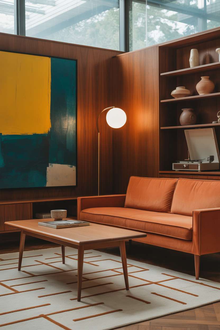Compact mid-century living room with built-in walnut shelving and orange velvet sofa
