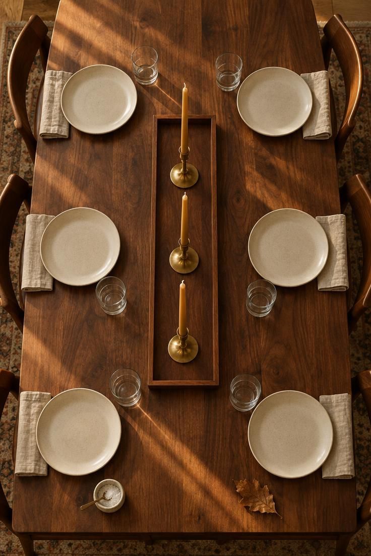 12 Warm Mid-Century Modern Thanksgiving Table Ideas 1 Overhead view of a long walnut tray with three brass taper candle holders and slim brass tapers on a walnut dining table set with cream plates and clear glassware.